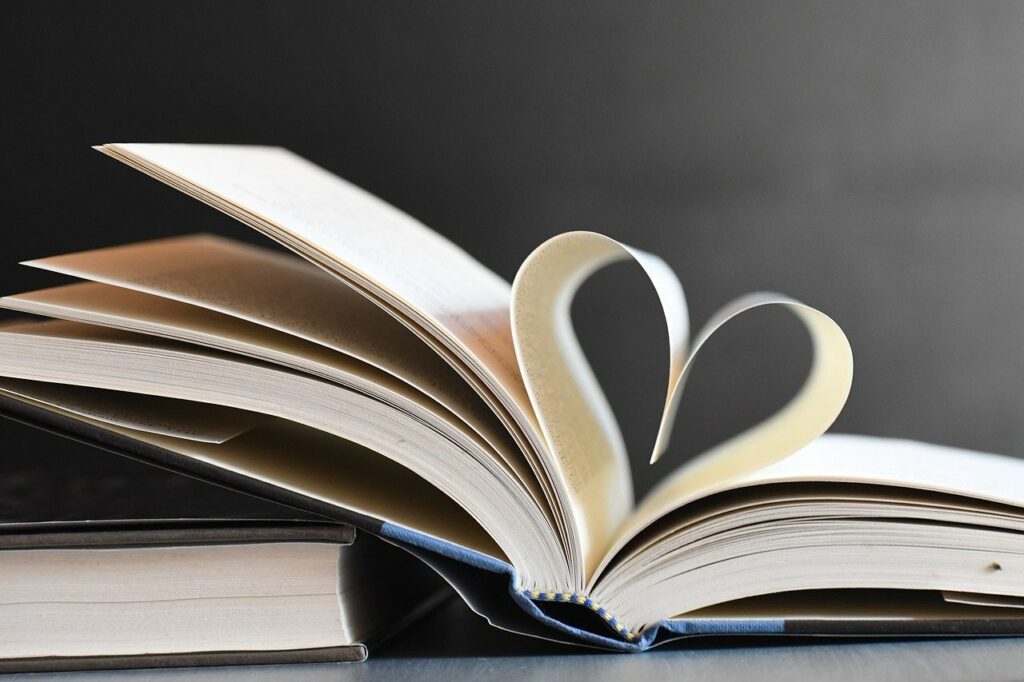 books, heart, pages